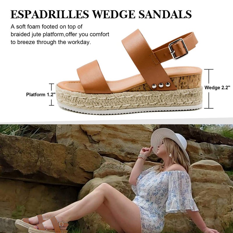 Athlefit Women's Espadrilles Platform Wedge Sandals Casual Open Toe Ankle Strap Buckle Summer Sandals, Light Brown, Size 5.5, AD00502 - Image 3